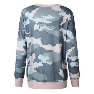 ECOWISH Women Side Split Sweatshirt: Fall Crewneck Long Sleeve Oversized Camo Shirts Casual Camouflage Print Pullover Tops 233 Army Green M
