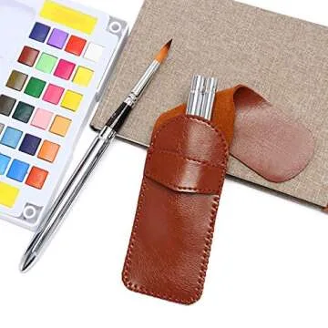 Travel Watercolor Brushes, Round Extra Long Synthetic Sable Pocket Paint Brushes with Protective Case Handle, Perfect for Watercolor Acrylics Gouache Ink 3pcs