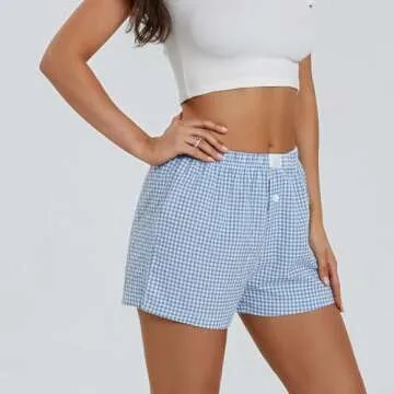 Women's Y2K Lounge Shorts Cute Soft Elastic Low Waist Plaid Print Button Front Pajama Bottoms Boxer Shorts Sleepwear (Multicolour, M)