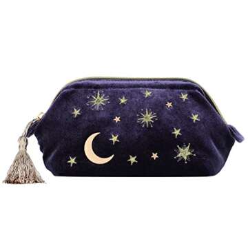 Handy cosmetic makeup bag,Navy Velvet Embroidered Applique Moon Stars Cosmetic Bag,Starry Makeup Pou...