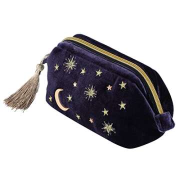 Handy cosmetic makeup bag,Navy Velvet Embroidered Applique Moon Stars Cosmetic Bag,Starry Makeup Pouch with Tassels & Pearl Zipper,Beautician Storage Bag