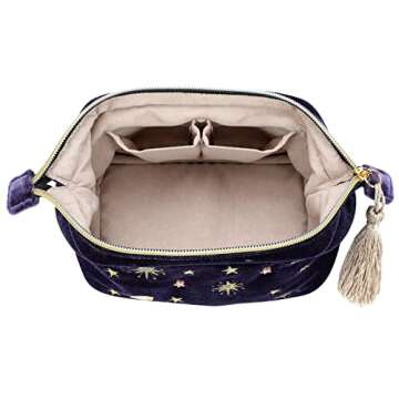 Handy cosmetic makeup bag,Navy Velvet Embroidered Applique Moon Stars Cosmetic Bag,Starry Makeup Pouch with Tassels & Pearl Zipper,Beautician Storage Bag