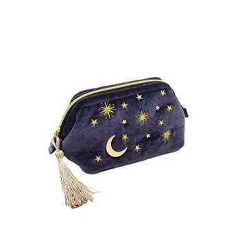 Navy Velvet Cosmetic Bag with Celestial Embroidery