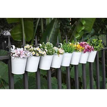 Dahey 10 Pcs Hanging Flower Pots Metal Iron Bucket Planter for Railing Fence Balcony Garden Home Decoration Flower Holders with Detachable Hooks, White, 5 inches