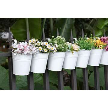Dahey 10 Pcs Hanging Flower Pots Metal Iron Bucket Planter for Railing Fence Balcony Garden Home Decoration Flower Holders with Detachable Hooks, White, 5 inches