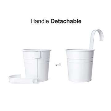 Dahey 10 Pcs Hanging Flower Pots Metal Iron Bucket Planter for Railing Fence Balcony Garden Home Decoration Flower Holders with Detachable Hooks, White, 5 inches