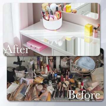 LEICURACE 360 Rotating Makeup Organizer Desktop Lazy Susan Cosmetic Desk Storage Container Makeup Brush Holder for Eyeshadow Brush Lipstick Holder Pen Holder(White)