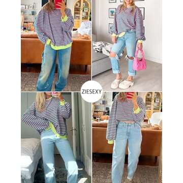 Ziesexy Striped Shirt Women Oversized Sweatshirt Color Block Long Sleeve Crew Neck Sweatshirt Loose Pullover Shirt Top Pink