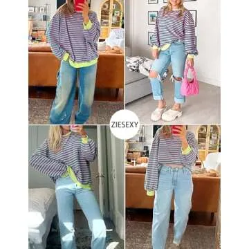 Ziesexy Striped Shirt Women Oversized Sweatshirt Color Block Long Sleeve Crew Neck Sweatshirt Loose Pullover Shirt Top Pink