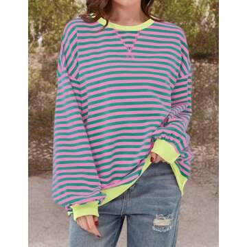 Ziesexy Striped Shirt Women Oversized Sweatshirt Color Block Long Sleeve Crew Neck Sweatshirt Loose Pullover Shirt Top Pink