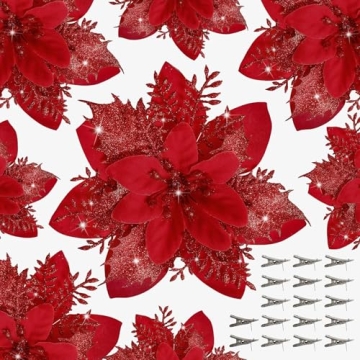 15 PCS Poinsettia Flower Artificial Poinsettia with Clips Christmas Decor Glitter Poinsettia Christm...