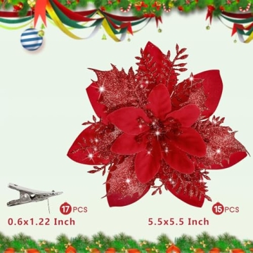 15 Pcs Glitter Poinsettia Flowers for Christmas Decor