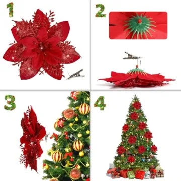 15 Pcs Glitter Poinsettia Flowers for Christmas Decor