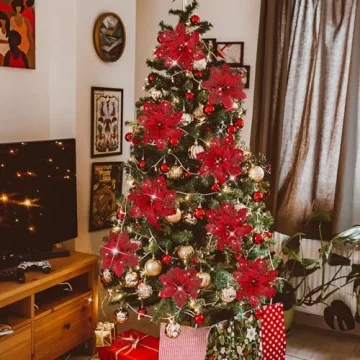 15 Pcs Glitter Poinsettia Flowers for Christmas Decor