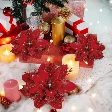 15 Pcs Glitter Poinsettia Flowers for Christmas Decor