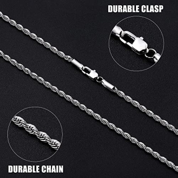 Fiusem Silver Tone 3mm Chain Necklace, Stainless Steel Rope Chain for Men and Women, Mens Necklace 20 Inch