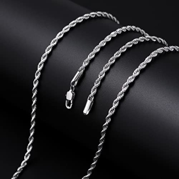 Fiusem Silver Tone 3mm Chain Necklace, Stainless Steel Rope Chain for Men and Women, Mens Necklace 20 Inch