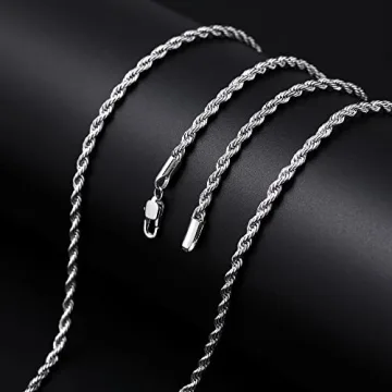 Fiusem Silver Tone 3mm Chain Necklace, Stainless Steel Rope Chain for Men and Women, Mens Necklace 20 Inch