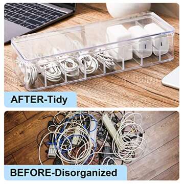 Tatuo 4 Pcs Cable Organizer with 40 Wire Ties, Clear Plastic Cord Storage Box with Lid for Home Office Desk Organizers and Accessories