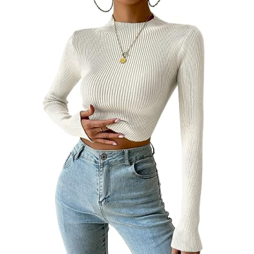 Lueluoye Women's Long Sleeve Crop Top Slim Fit Mock Neck Fall Cropped Sweater Ribbed Knit Basic Crop...