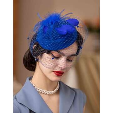 Blue Tea Party Hat Fascinator with Veil Feather Headpiece Kentucky Derby Hat 20s50s Pillbox Hats for...
