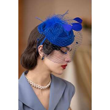 Blue Tea Party Hat Fascinator with Veil Feather Headpiece Kentucky Derby Hat 20s50s Pillbox Hats for Church Funeral