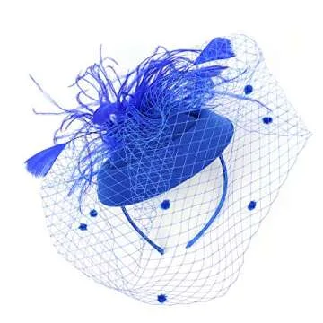 Blue Tea Party Hat Fascinator with Veil Feather Headpiece Kentucky Derby Hat 20s50s Pillbox Hats for Church Funeral