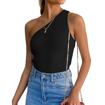 ZESICA Women's Sexy One Shoulder Ribbed Knit Tee - Summer Slim Fit Tops