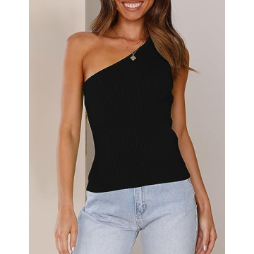 ZESICA Women's Sexy One Shoulder Ribbed Knit Tee