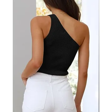 ZESICA Women's Sexy One Shoulder Ribbed Knit Tee