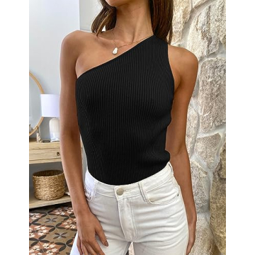ZESICA Women's Sexy One Shoulder Ribbed Knit Tee