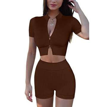 Mulisky Women’s 2 Piece Workout Sets for Women Zipper Crop Top Seamless High Waist Booty Shorts Gym Yoga Outfits