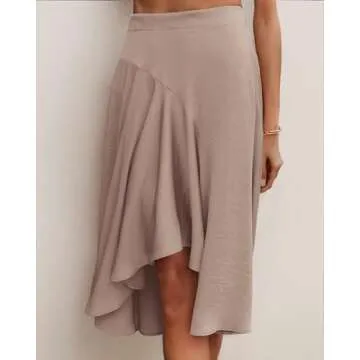 JINKESI Women's Midi Skirt Elegant Flowy Ruffle High Waist Summer Casual High Low Midi Skirts Wheat-Small