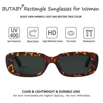 BUTABY Rectangle Sunglasses for Women Retro Driving Glasses 90’s Vintage Fashion Narrow Square Frame UV400 Protection Leopard Green