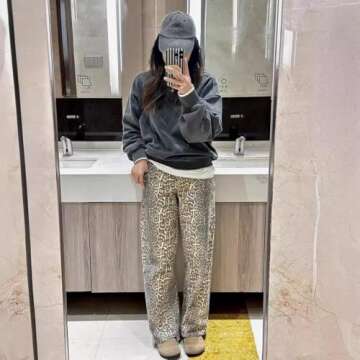 YELLOOP Leopard Print Jeans Y2k Jeans Leopard Jeans Grunge Y2k Pants Womens Baggy Jeans 2000s Leopard Pants (Light,M,Medium)