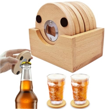 Man Cave Accessories Unique Coasters, Mancave Decor for Men Wood Coasters for Drinks with Bottle Ope...
