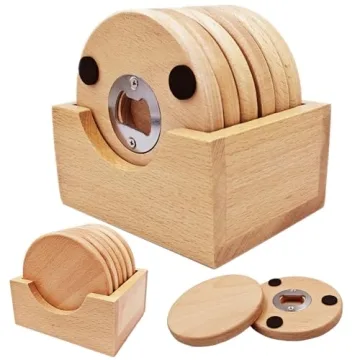 Man Cave Accessories Unique Coasters, Mancave Decor for Men Wood Coasters for Drinks with Bottle Opener Holder Set of 6 - Boho/Farmhouse Coasters Home Bar Decor - Coasters for Men Gifts