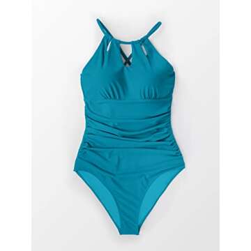 CUPSHE Women's One Piece Swimsuit High Neck Tummy Control Swimwear Bathing Suit Turquoise M
