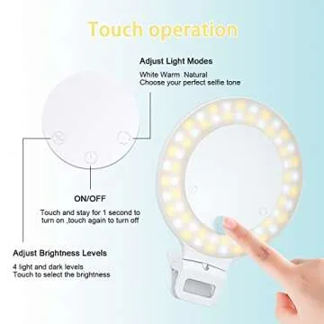 Selfie Ring Light, Clip on Ring Light Touch Control, Rechargeable 800mAh 60 LED Circle Light with 3 ...