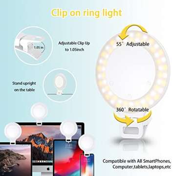 Selfie Ring Light, Clip on Ring Light Touch Control, Rechargeable 800mAh 60 LED Circle Light with 3 Light Modes for iPhone/Android Smart Phone Laptop Photography, Camera Video Recording, Vlog, TikTok