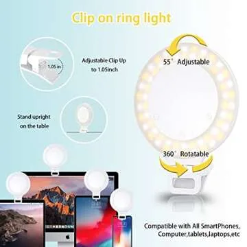 Selfie Ring Light, Clip on Ring Light Touch Control, Rechargeable 800mAh 60 LED Circle Light with 3 Light Modes for iPhone/Android Smart Phone Laptop Photography, Camera Video Recording, Vlog, TikTok