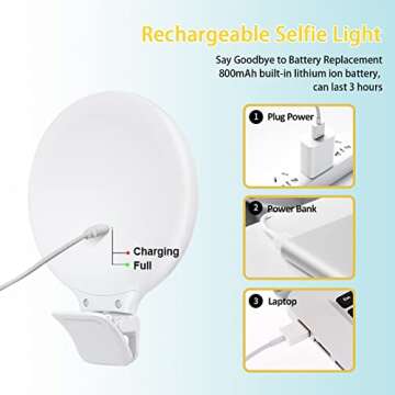 Selfie Ring Light, Clip on Ring Light Touch Control, Rechargeable 800mAh 60 LED Circle Light with 3 Light Modes for iPhone/Android Smart Phone Laptop Photography, Camera Video Recording, Vlog, TikTok