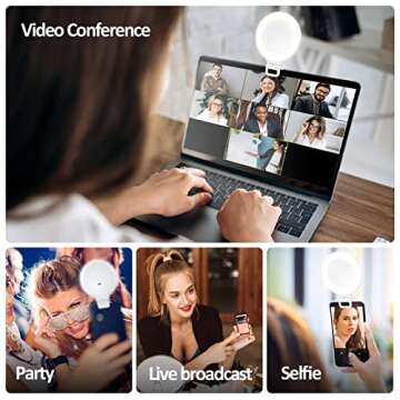 Selfie Ring Light, Clip on Ring Light Touch Control, Rechargeable 800mAh 60 LED Circle Light with 3 Light Modes for iPhone/Android Smart Phone Laptop Photography, Camera Video Recording, Vlog, TikTok