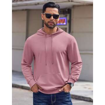 Stylish COOFANDY Men’s Long Sleeve Casual Drawstring Hoodie in Pink