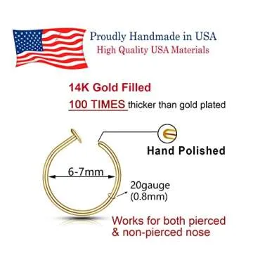 14k Gold Filled 20G Small Thin Nose Ring Hoop for Women, 6mm - 7mm Adjustable Nostril Piercing Jewelry