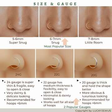 14k Gold Filled 20G Small Thin Nose Ring Hoop for Women, 6mm - 7mm Adjustable Nostril Piercing Jewelry