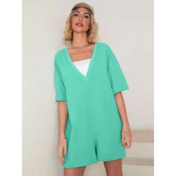 Glamaker Women's Oversized Tee Romper Summer Casual Athletic T-shirt Romper Backless Loose Fit Overalls Shorts With Pockets (Sage Green S)