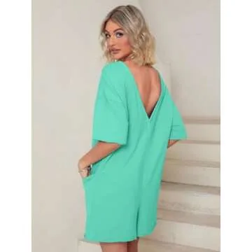 Glamaker Women's Oversized Tee Romper Summer Casual Athletic T-shirt Romper Backless Loose Fit Overalls Shorts With Pockets (Sage Green S)
