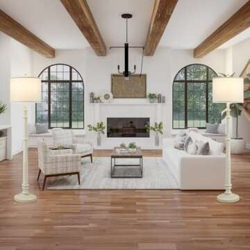 EJIAXIN Floor Lamps for Living Room - 60" Plastic Vintage Farmhouse Floor Lamp 3-Color Temperature Standing Lamps with White Linen Shade Rustic Retro Tall Light for Bedroom Office (White)