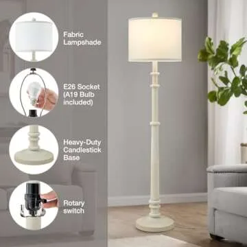 EJIAXIN Floor Lamps for Living Room - 60" Plastic Vintage Farmhouse Floor Lamp 3-Color Temperature Standing Lamps with White Linen Shade Rustic Retro Tall Light for Bedroom Office (White)